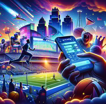 Dynamic sports betting scene in Kansas with football and basketball action.