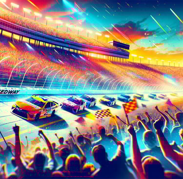Exciting NASCAR race at Kansas Speedway with fans cheering in the stands.