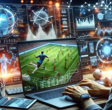 AI in sports betting, with real-time data and betting predictions on a laptop during football match