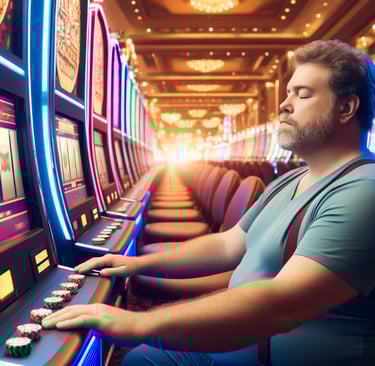 Middle-aged man practicing mindfulness at a slot machine in a calm casino setting.