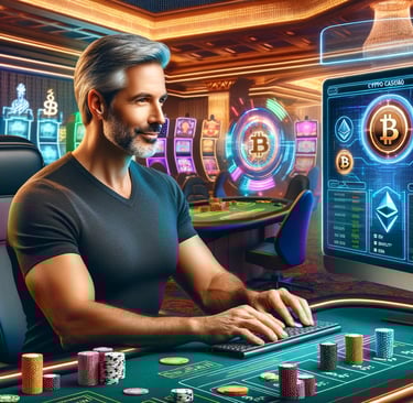 Middle-aged, average-looking man playing in a modern crypto casino with Bitcoin