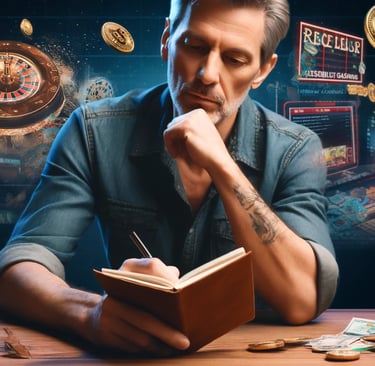 Middle-aged man reflecting on gambling activities with a journal, thoughtful and calm..