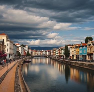 A historic red brick building with intricate architectural details, including pointed spires and arched windows. A 'For Lease' sign is prominently displayed on the building's facade. The sky is a bright blue with scattered clouds, providing a vivid background.