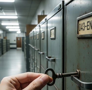 a person holding a keychaik in a filing cabinet