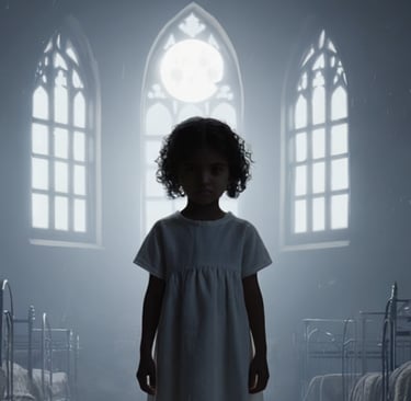 a girl standing in a room with bunk beds