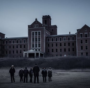 a group of people standing in front of a mental institution 