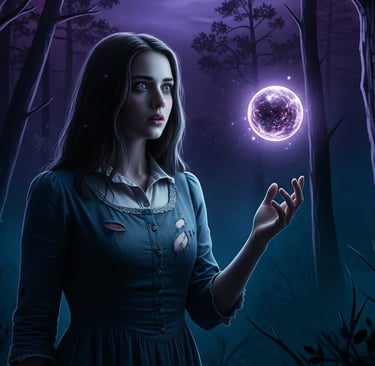 a woman holding a crystal ball in a forest