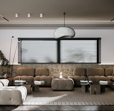 A cozy living room with a large sectional sofa, a unique pendant light fixture, and a neutral color