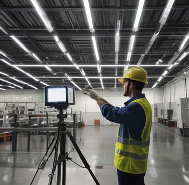 Industrial control panels with various buttons, switches, and display screens are placed in a well-lit environment. The setup suggests a technical or engineering setting with panels housing electronic or communication equipment.