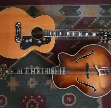 Vintage guitars belonging to Sickle Moon. 1974 Ibanez Conchord and 1953 Hofner Committee