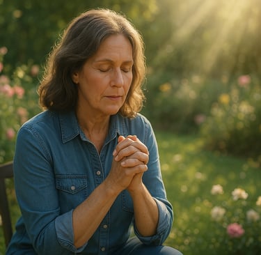 a woman sitting on a bench in a garden praying