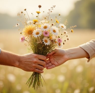 A close-up of hands passing a bouquet of wildflowers from one person to another