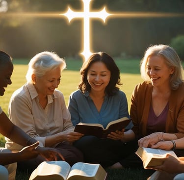 A diverse group of women sitting in a circle outdoors reading the bible