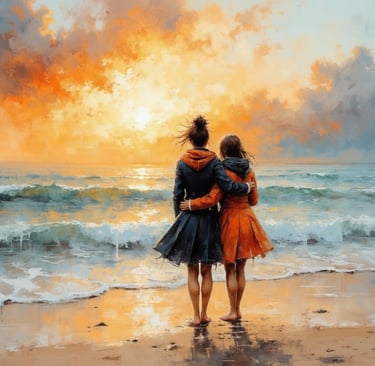 Two people stand on a beach, facing the ocean and sunset with arms around each other