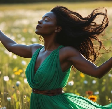 a woman in a green dress standing in a field