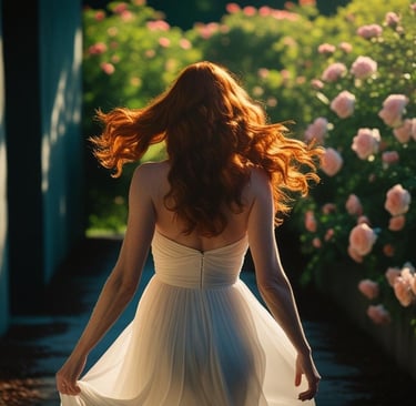 a woman in a white dress walking down a path of roses