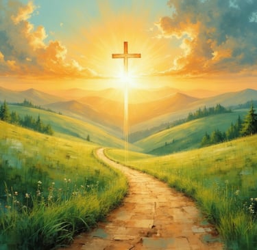 A glowing cross on a hill with a path leading toward it at sunset