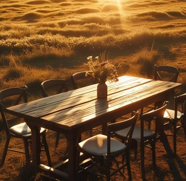 A warm inviting table set in an open field