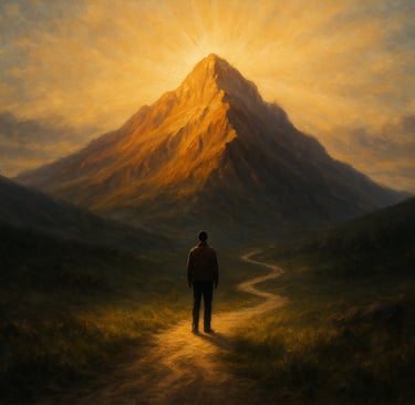 a man standing on a path with a mountain in the background