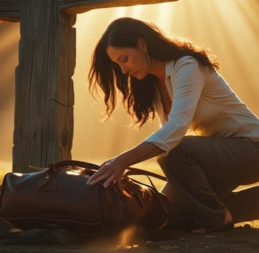 a woman kneeling down to a bag of luggage