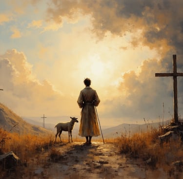 Person with a staff and sheep walking in the valley