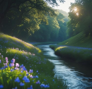 River winding through green hills with purple wildflowers in sunlight.