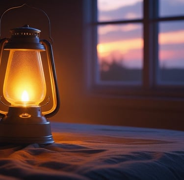a lantern light up in a bedroom with a window