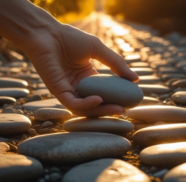 a person holding a stone balancing on a rock