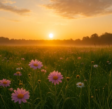 a field with flowers and a sunset in the background