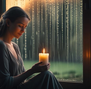 a woman holding a candle in front of a window
