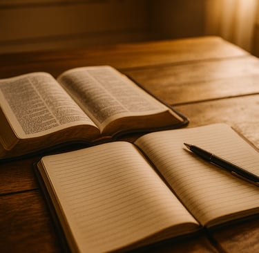 an open notebook, bible, and pen on the table