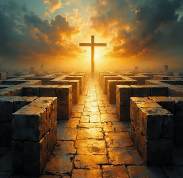 A cross shining brightly at the center of a dark maze