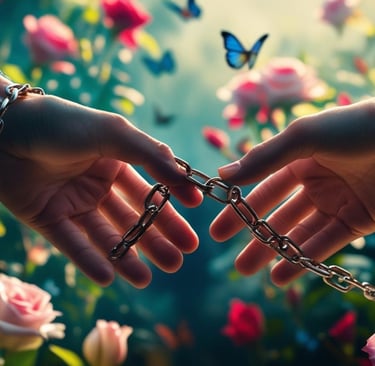 two hands holding chains linked with chains