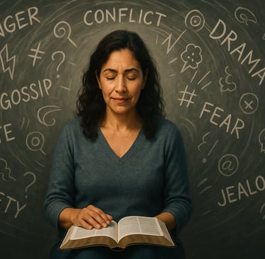A woman sitting calmly with open Bible in the center of a whirlwind of chaotic words