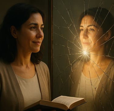 woman looking at her reflection in the broken mirror