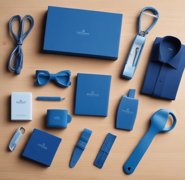 A conference room set up for a presentation or workshop with red chairs arranged around tables. Each table contains glasses, notepads, and black bags with logos. A projector screen at the front displays a title. Banners with graphics and text are positioned on either side of the room. A plant adds greenery to the setting.
