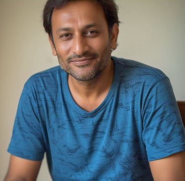 a picture of Pakistani gent of age 45 years, with light brown skin and dark brown hair. The man should be wearing a t-shirt.