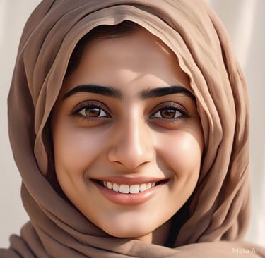 Pakistani women aged 28 years, with light brown color and hijaab.