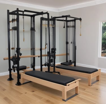 A gym setting featuring a variety of workout equipment. Resistance bands and TRX straps are hanging on the wall. Kettlebells in different colors are placed on a rack, and a box labeled 'Bulldog Gear' is situated against a gray brick wall. The floor is covered with black gym mats, and there's a wooden panel on the right side.