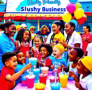a group of children and adults at an outdoor party enjoying slushies