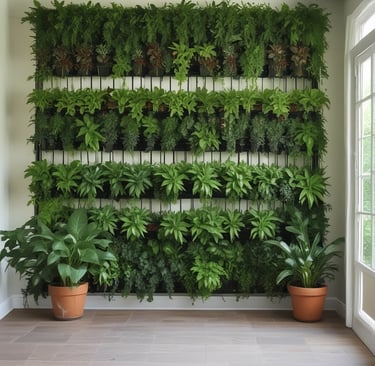 A minimalist interior with wooden shelves on a white wall is shown on the left, and an arched opening leads to a cozy outdoor seating area with patterned tile flooring. A group of people is gathered around a table, browsing their phones, while lush greenery is visible through the opening.