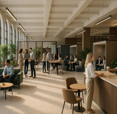 Espace de bureaux moderne et convivial illustrant la nouvelle vision du travail : un lieu de vie et 