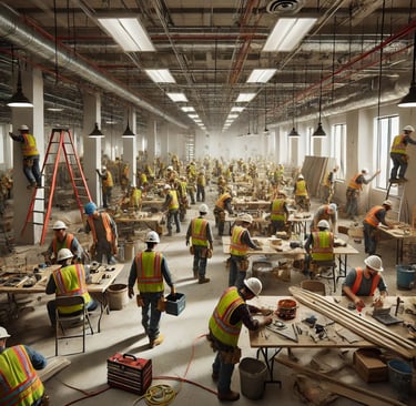 Une multitude d'ouvriers travaillent sur un chantier de bureaux