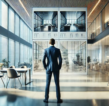 Chef de projet observant trois plans d’aménagement et des visuels 3D de bureaux