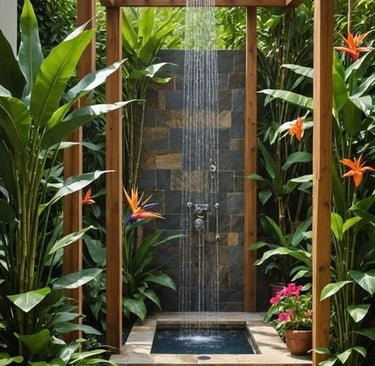 um jardim com cachoeira e plantas tropicais