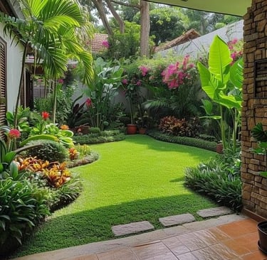 a garden with a lawn and a potted plant