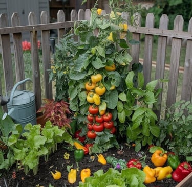 um jardim com uma torre de vegetais e legumes