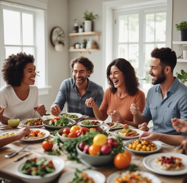 um grupo de pessoas sentadas ao redor de uma mesa com pratos de comida