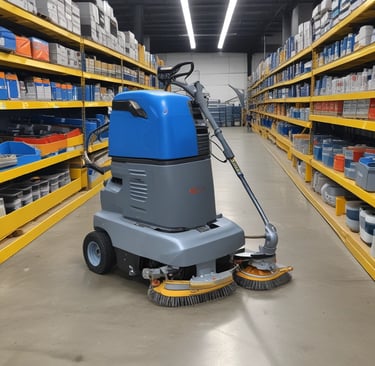 A set of cleaning products is arranged on a light-colored marble surface. The items include two metal spray bottles, a small glass bottle with a liquid, a natural bristle brush, and a cloth with dark stripes. Sunlight filters through leaves, casting dappled shadows on the surface.