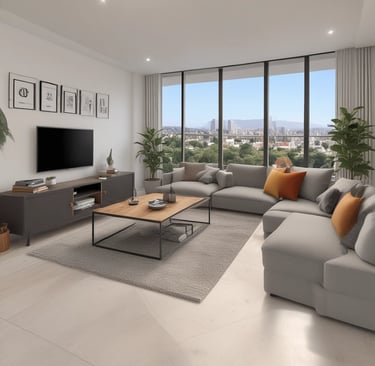 A tall residential building with multiple floors and balconies, set against a clear blue sky. The structure is flanked by lush green trees. At the foreground, a retail space is available for lease, with visible signs advertising it. Several vehicles, including vans and cars, are parked along the street, and a pedestrian walks nearby.